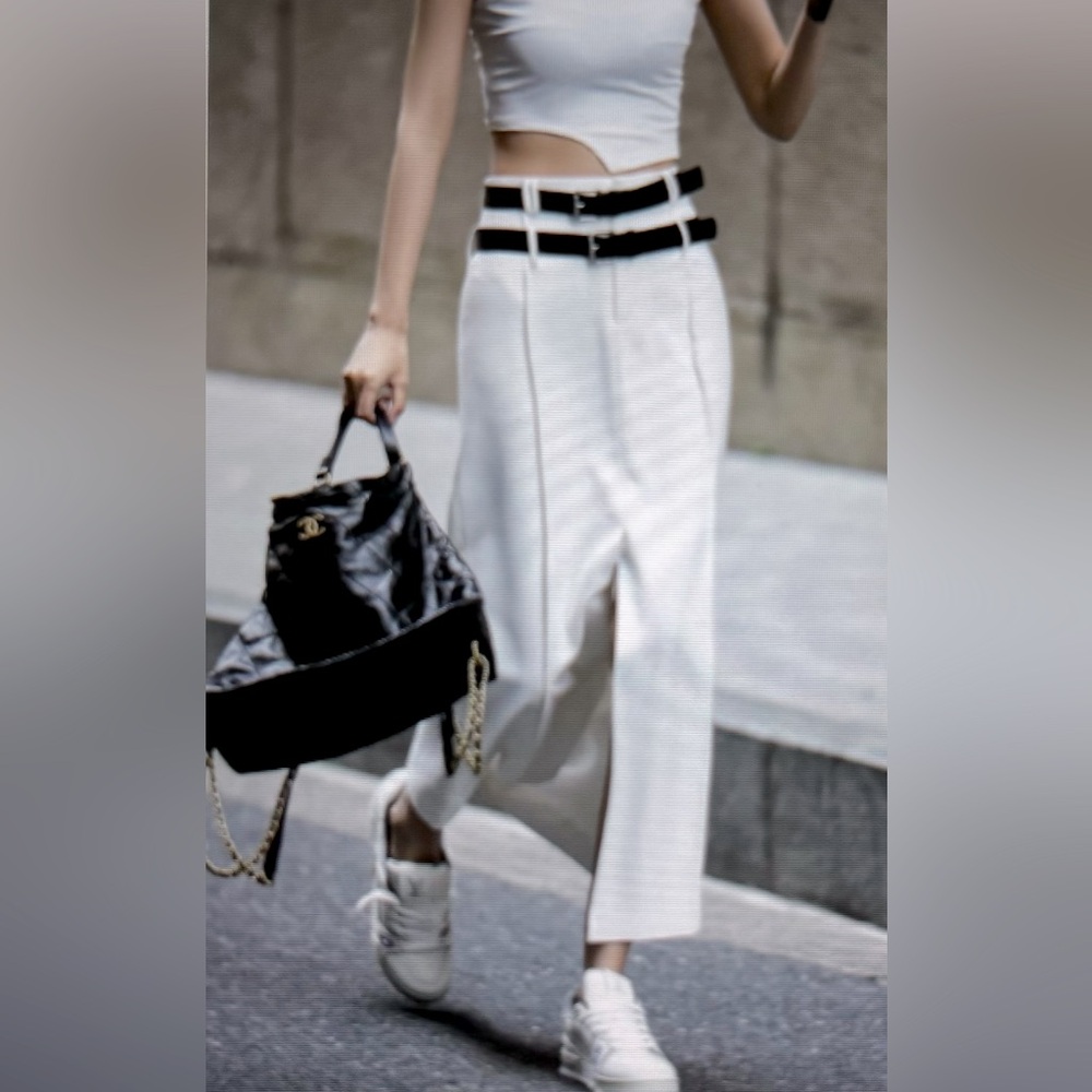 Commense White Maxi Skirt with Black Waistband